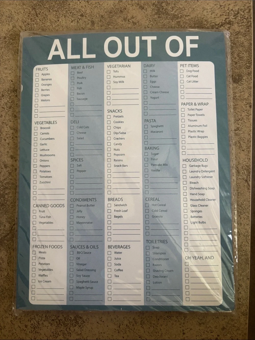 All Out Of Grocery & Household Checklist Notepad blue and white
